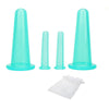 A set of five translucent teal silicone facial cupping massage cones and a white disposable bag.