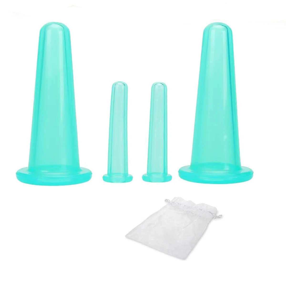 A set of five translucent teal silicone facial cupping massage cones and a white disposable bag.