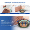 A massage device with a green head is shown being used for gentle and intense traction on the lower back or waist area.