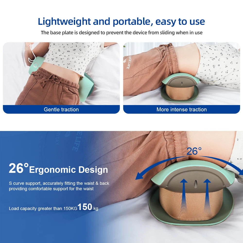 A massage device with a green head is shown being used for gentle and intense traction on the lower back or waist area.