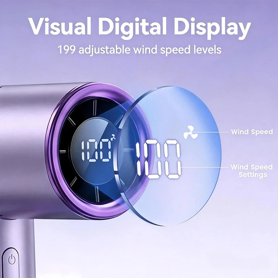Nahaufnahme eines Handheld-Kühlventilators mit Windgeschwindigkeitseinstellungen auf seiner digitalen Anzeige.