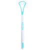 A white and light blue silicone tongue scraper with a curved handle.