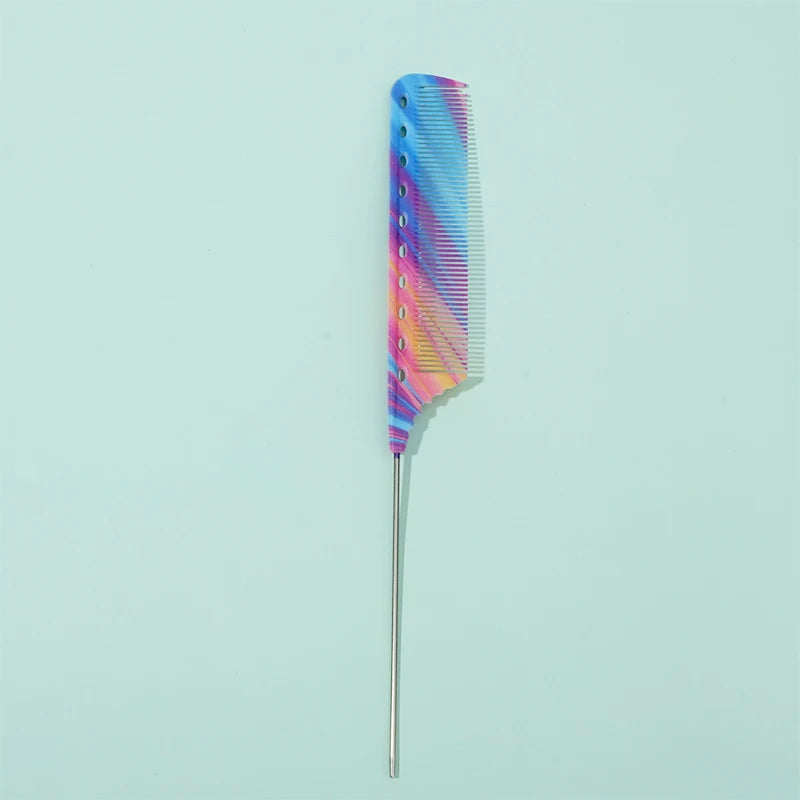A single anti-static rat tail comb with a multicolored iridescent plastic body and metal handle.