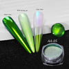 A set of holographic chrome nail glitter powders shown in various shades including black, green, and clear bases.