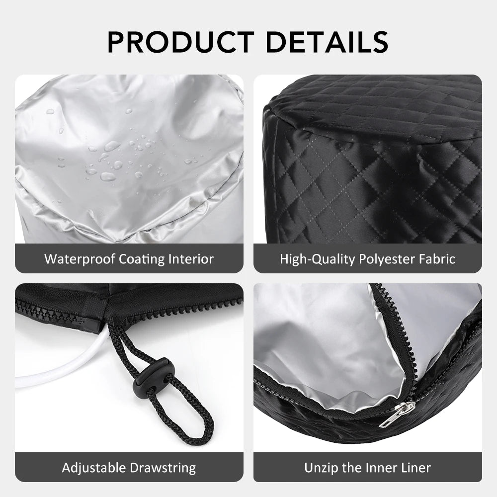Detalles de una tapa de vaporizador de cabello eléctrico mostrando recubrimiento impermeable, tela de poliéster, cordón ajust