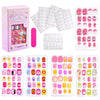 Colección de 120 uñas postizas prensables en varios colores y diseños, empaquetadas en una caja rosa.