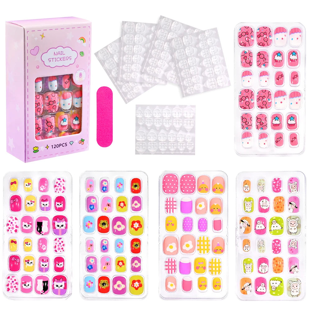 Colección de 120 uñas postizas prensables en varios colores y diseños, empaquetadas en una caja rosa.
