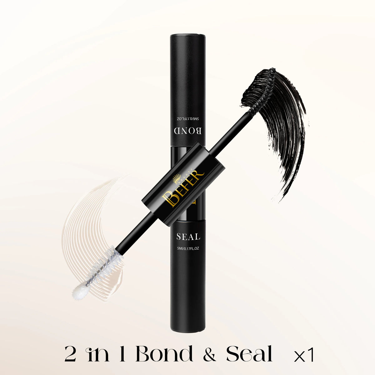 A black tube of Befer Bond & Seal 2 in 1 lash adhesive and remover kit with a brush shown against a light background.