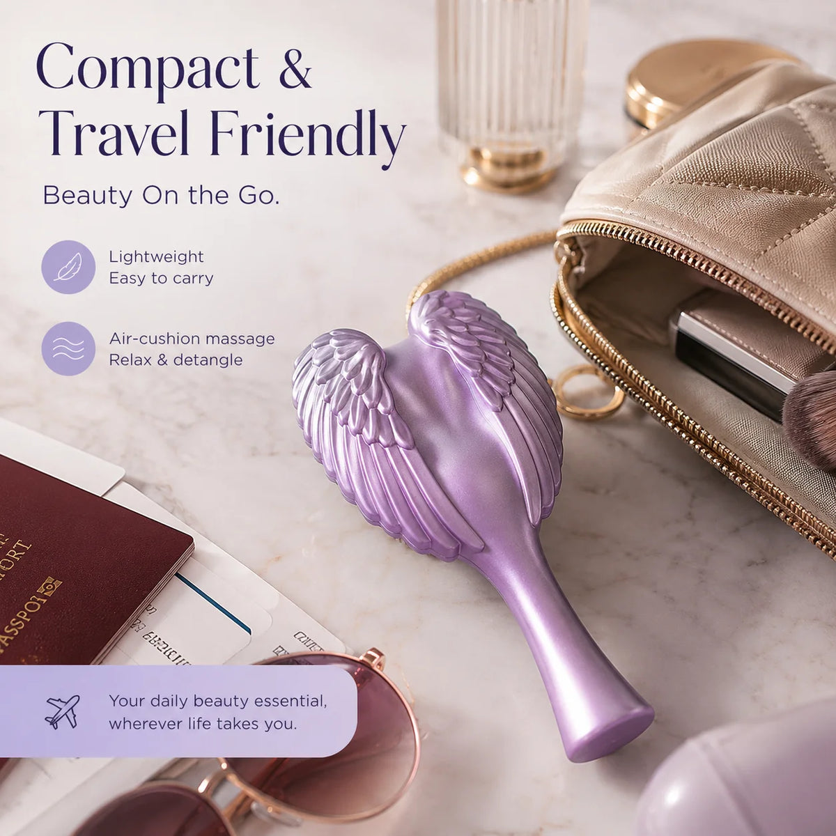 A purple portable anti-static hair comb for scalp massage is shown next to a beige cosmetic pouch and sunglasses.