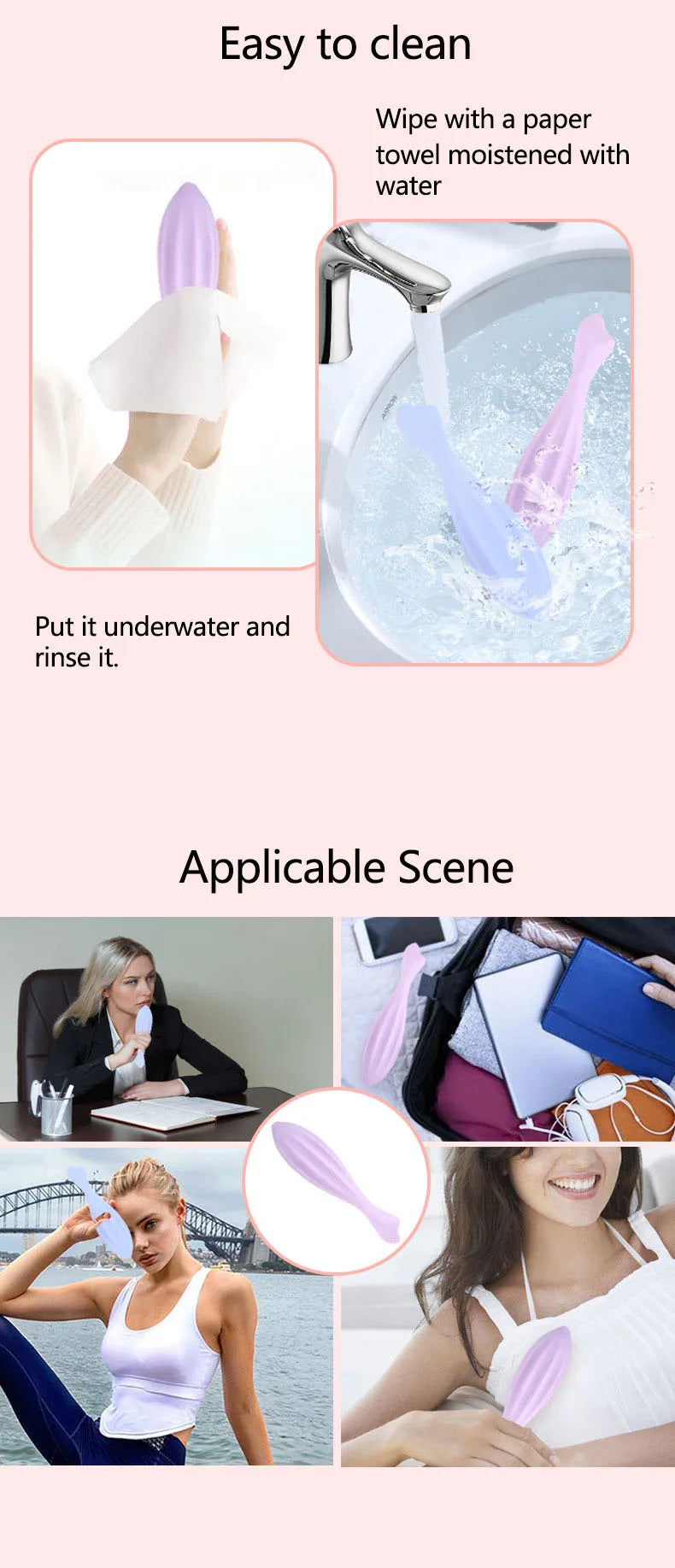 Silicone gua sha roller in purple and pink colors being used for facial massage and skincare.