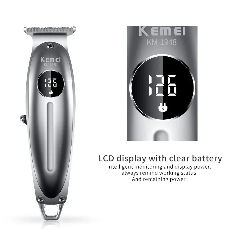 Silberne Kemei KM-1948 kabellose Haarschere mit LCD-Anzeige und Batteriezustandsanzeige