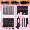 Kit rose pour extensions de cils professionnelles avec faux cils et outils comme un dissolvant et des pinces.