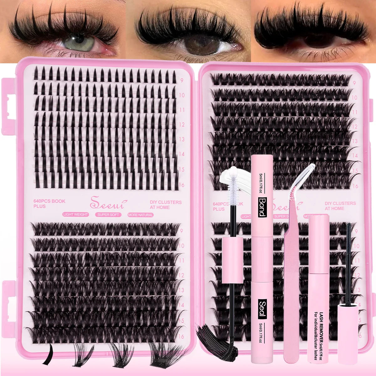 Kit rose pour extensions de cils professionnelles avec faux cils et outils comme un dissolvant et des pinces.