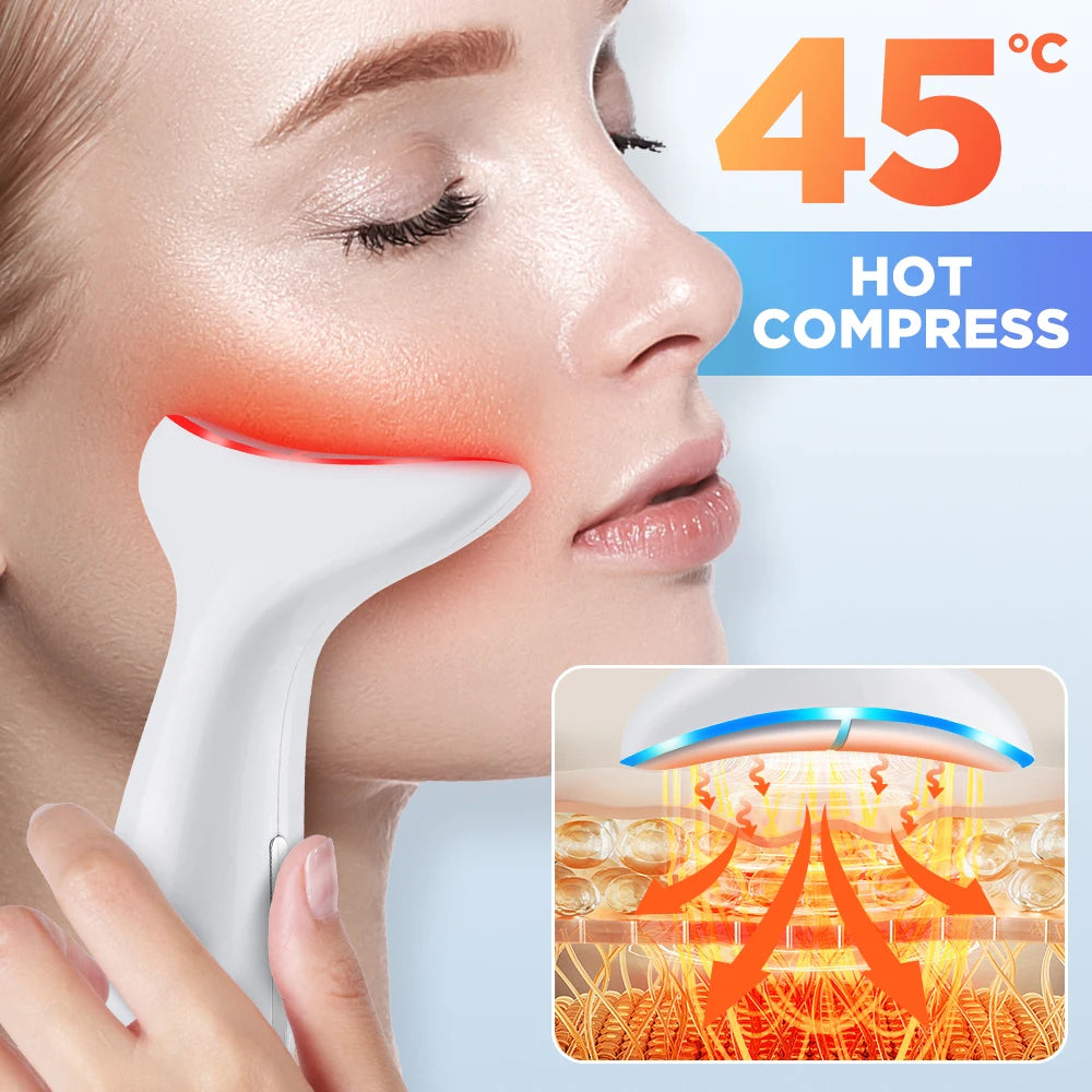 A woman applies a white LED beauty and massage device to her cheek, demonstrating its use for hot compress facial treatment.