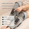 A person is using a gray cordless heated calf and knee massager with touch controls.