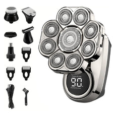 Un kit de toilettage électrique argenté avec six accessoires pour le coiffage et le soin des cheveux.