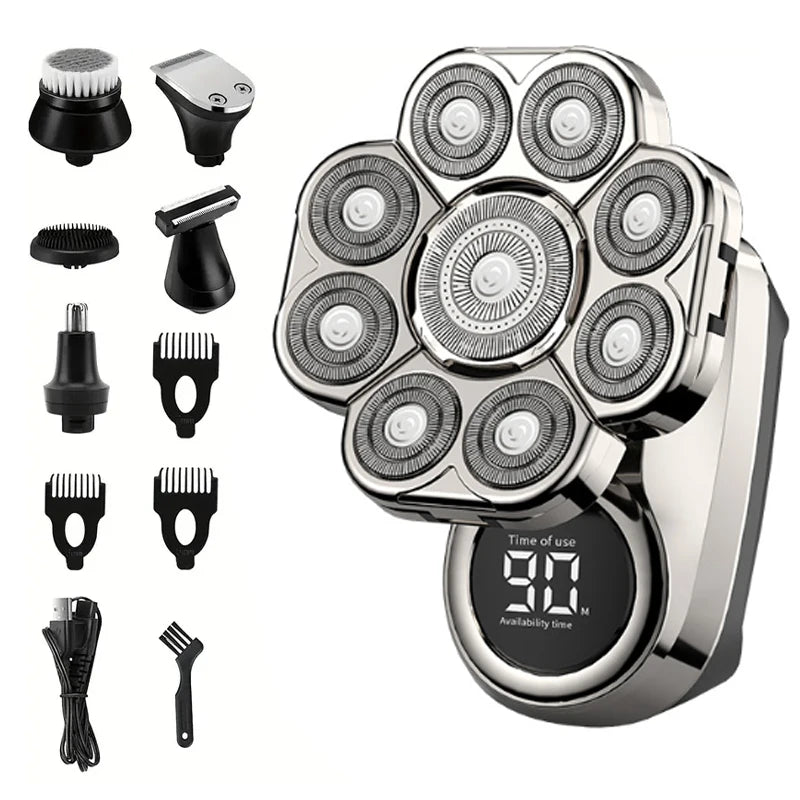 A silver electric grooming kit with six attachments for hair styling and grooming is shown.