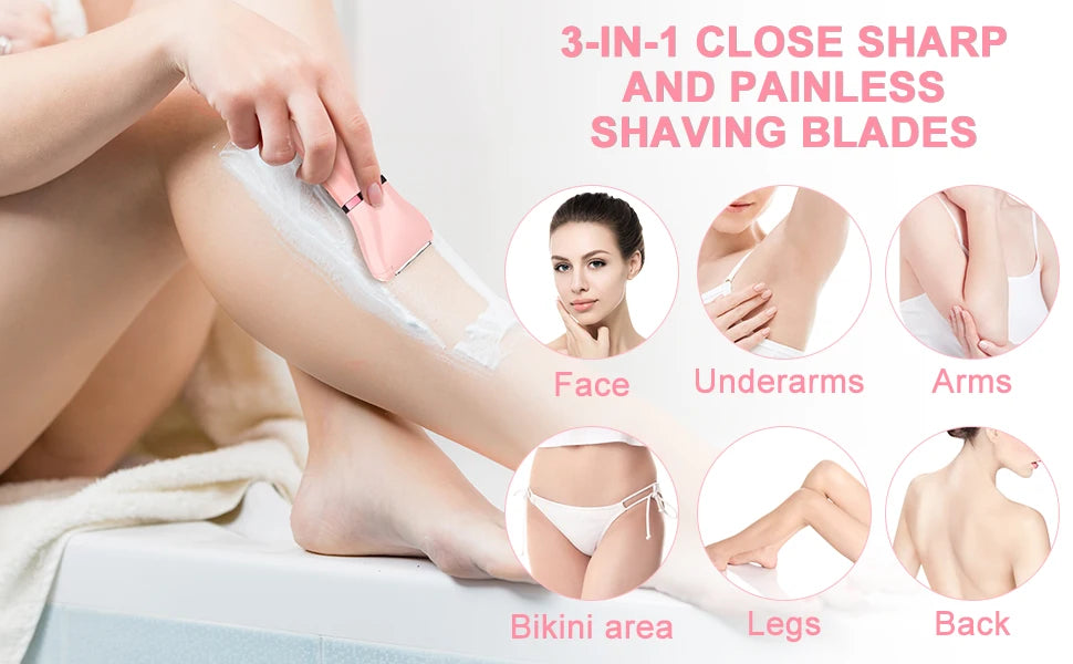 A close-up of a 3-in-1 set of sharp and painless shaving blades being used on various body parts like face, underarms, arms, 