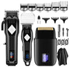 A black 3-in-1 professional electric hair clipper and shaver set with multiple attachments shown on a white background.