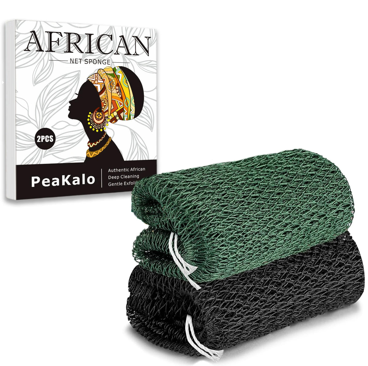 A stack of dark green and black African net exfoliating loofah sponges.