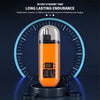 An orange electric portable hair and nose trimmer device displayed on a dark background with a glowing blue circular outline.