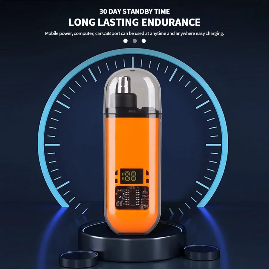 An orange electric portable hair and nose trimmer device displayed on a dark background with a glowing blue circular outline.