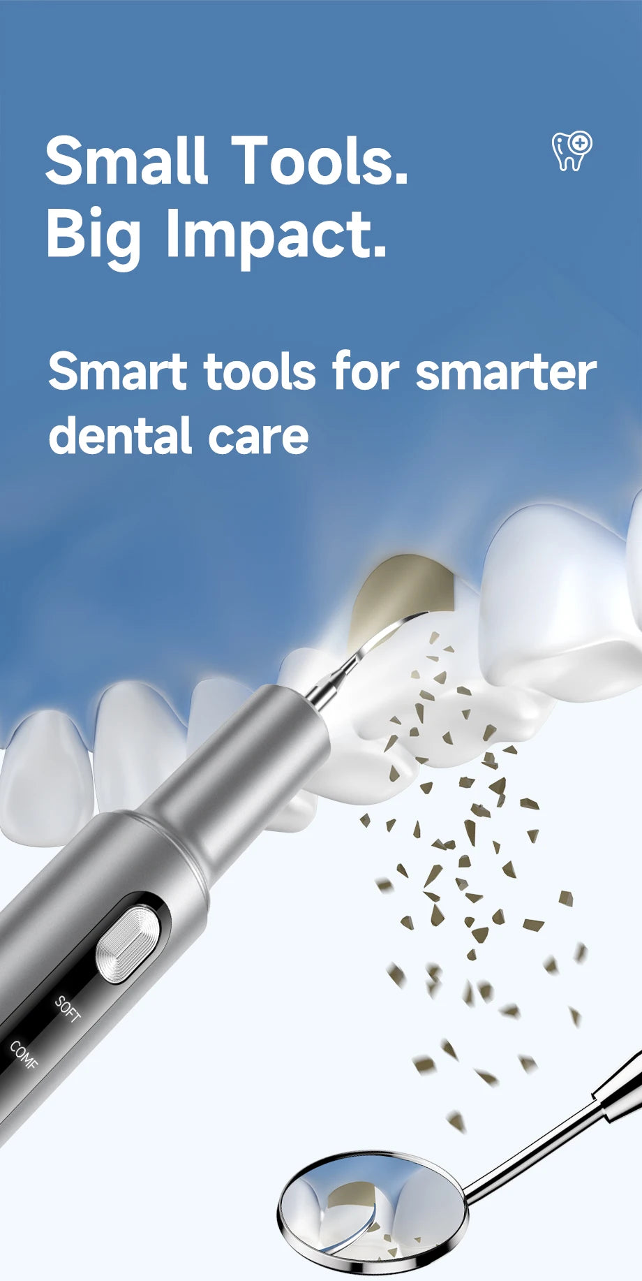 A close-up of a silver electric ultrasonic dental scaler is shown next to loose dental debris.