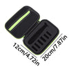 Black hard-shell travel case with a zippered opening and a slotted compartment for electric shavers.