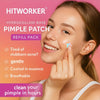 A young woman applies a pink pimple patch on her cheek, demonstrating the use of a Hitworker hydrocolloid base pimple patch.