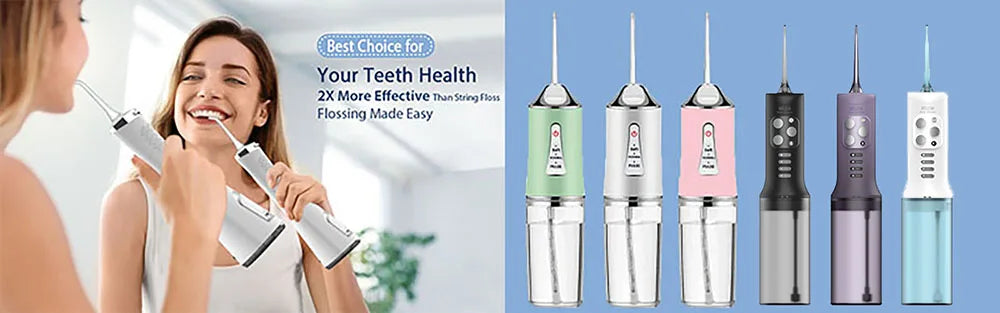 A collection of five portable rechargeable dental water flossers in various colors and finishes.