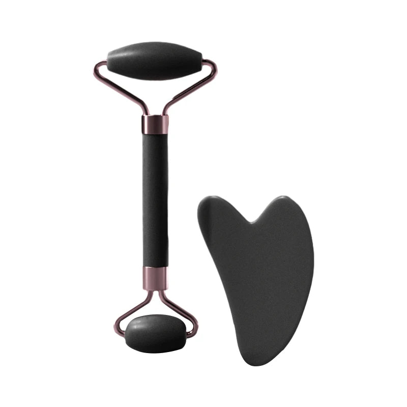 A black resin facial massage roller set with a metal handle and a teardrop-shaped roller.