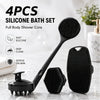 A black silicone bath set featuring a long handle brush and a textured body brush for shower care.