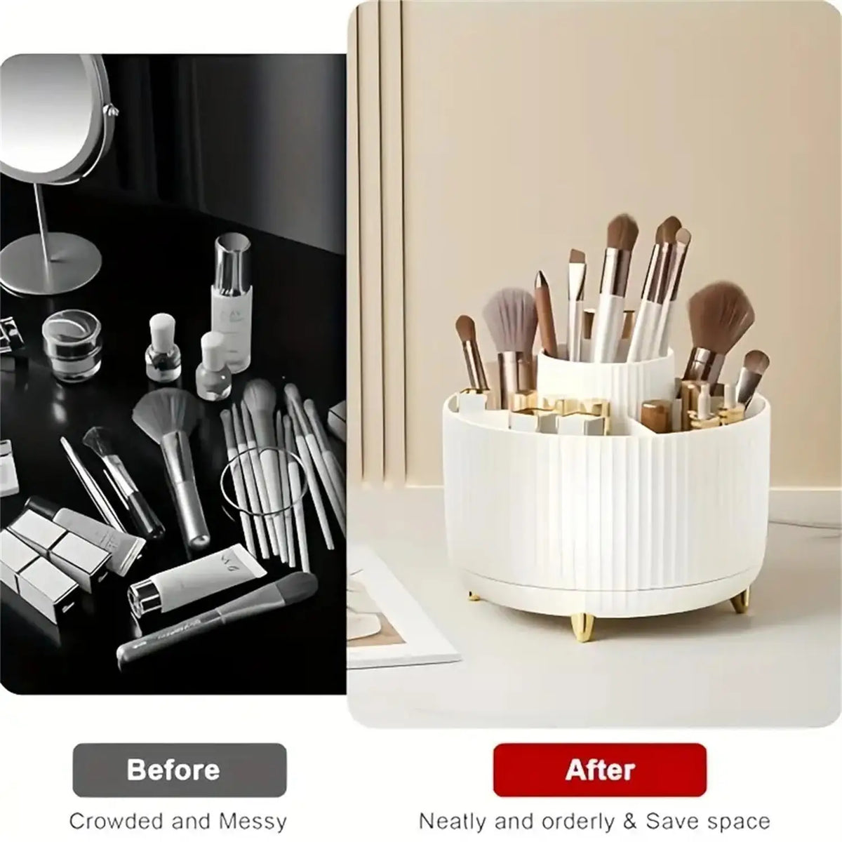 Before and after comparison of a 360° rotating makeup organizer showing a transition from crowded to neat and orderly storage