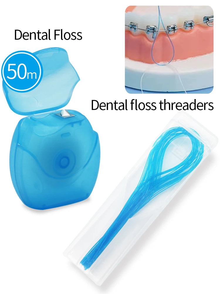 Reusable blue dental floss threaders packaged in a clear plastic tube for orthodontic use