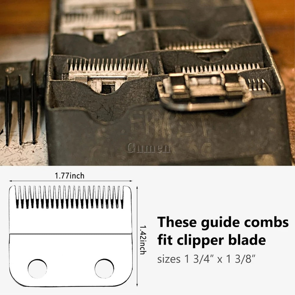 A set of guide combs for a hair clipper blade, showing various sizes including 1 3/4 inch and 1 3/8 inch.