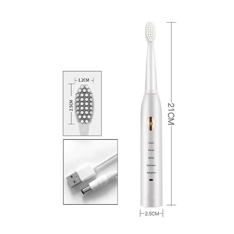 A white ultrasonic electric toothbrush is shown with various cleaning modes and accessories.
