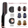 A black electric beard straightener with temperature settings and a preheating function is shown.