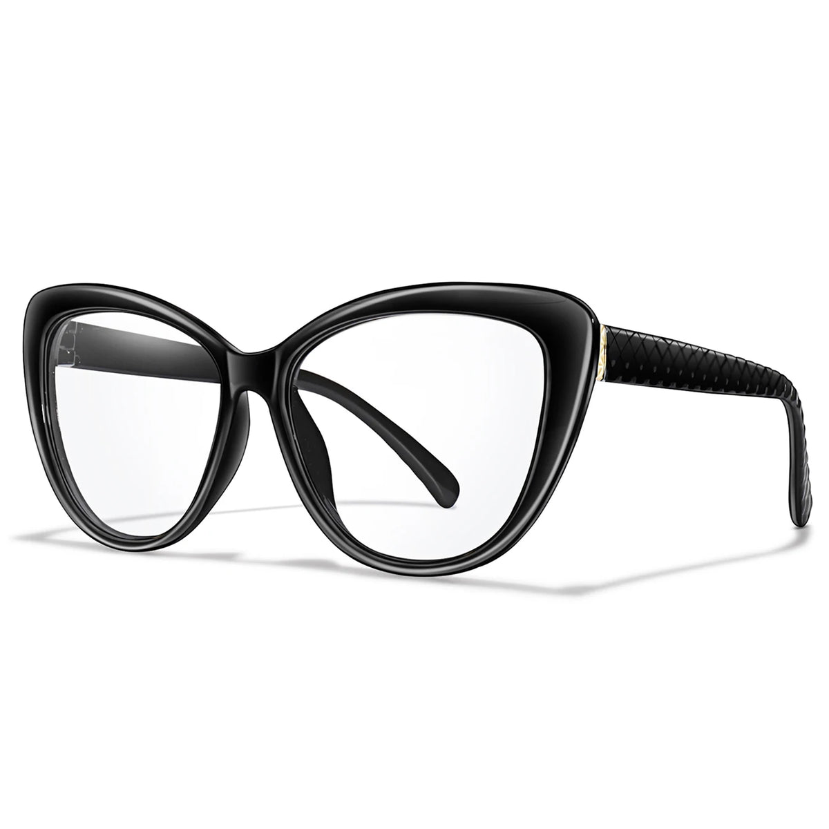 Black framed clear cateye reading glasses with a black textured temple