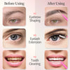Before and after images showing eyebrow shaping, eyelash extension, and tooth cleaning results.