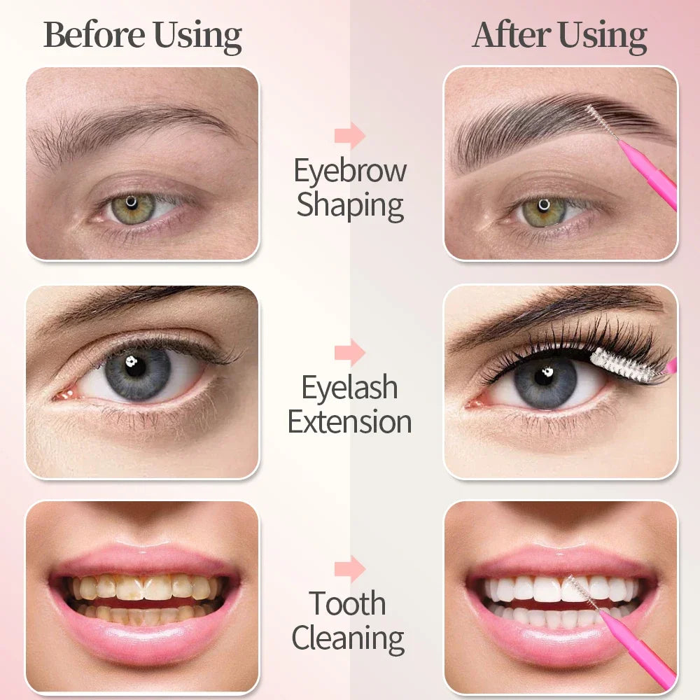 Before and after images showing eyebrow shaping, eyelash extension, and tooth cleaning results.