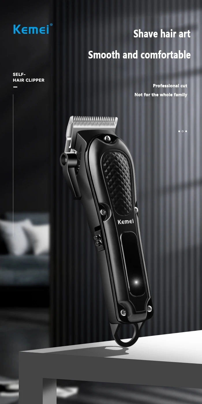 A black Kemei self-hair clipper with a guard, shown on a white surface.