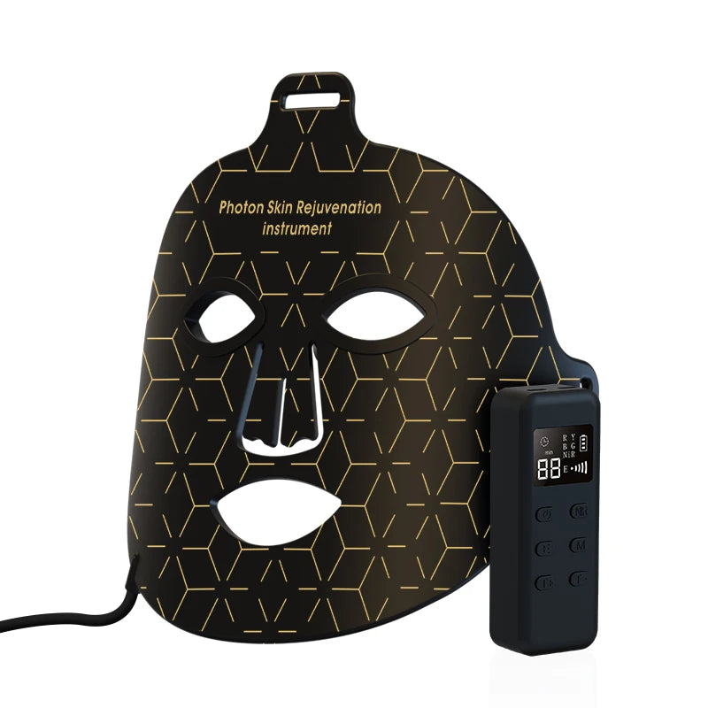 A black silicone facial mask used as a photon skin rejuvenation instrument with an accompanying device.