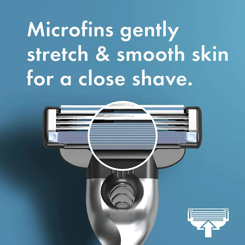 A close shave product showing a Microfins razor gently stretching skin for a close shave.