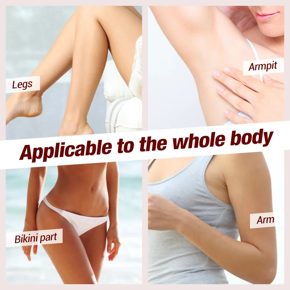 A collage showing the 3-in-1 electric mini shaver applied to legs, arms, and bikini area of the body.