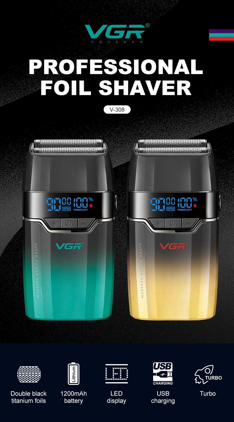 VGR professional foil shaver in black and gold colors shown with accessories.