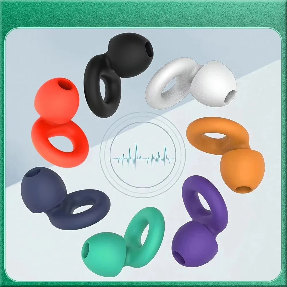 Collection de bouchons d'oreille en silicone colorés, de différentes tailles et formes (noir, orange, argent, violet et vert)