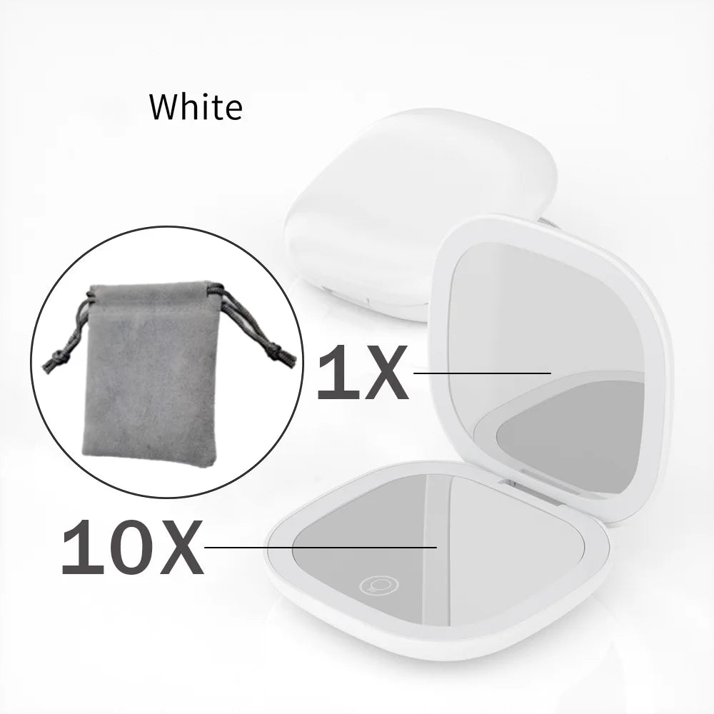 White compact LED makeup mirror showing 1X and 10X magnification options.