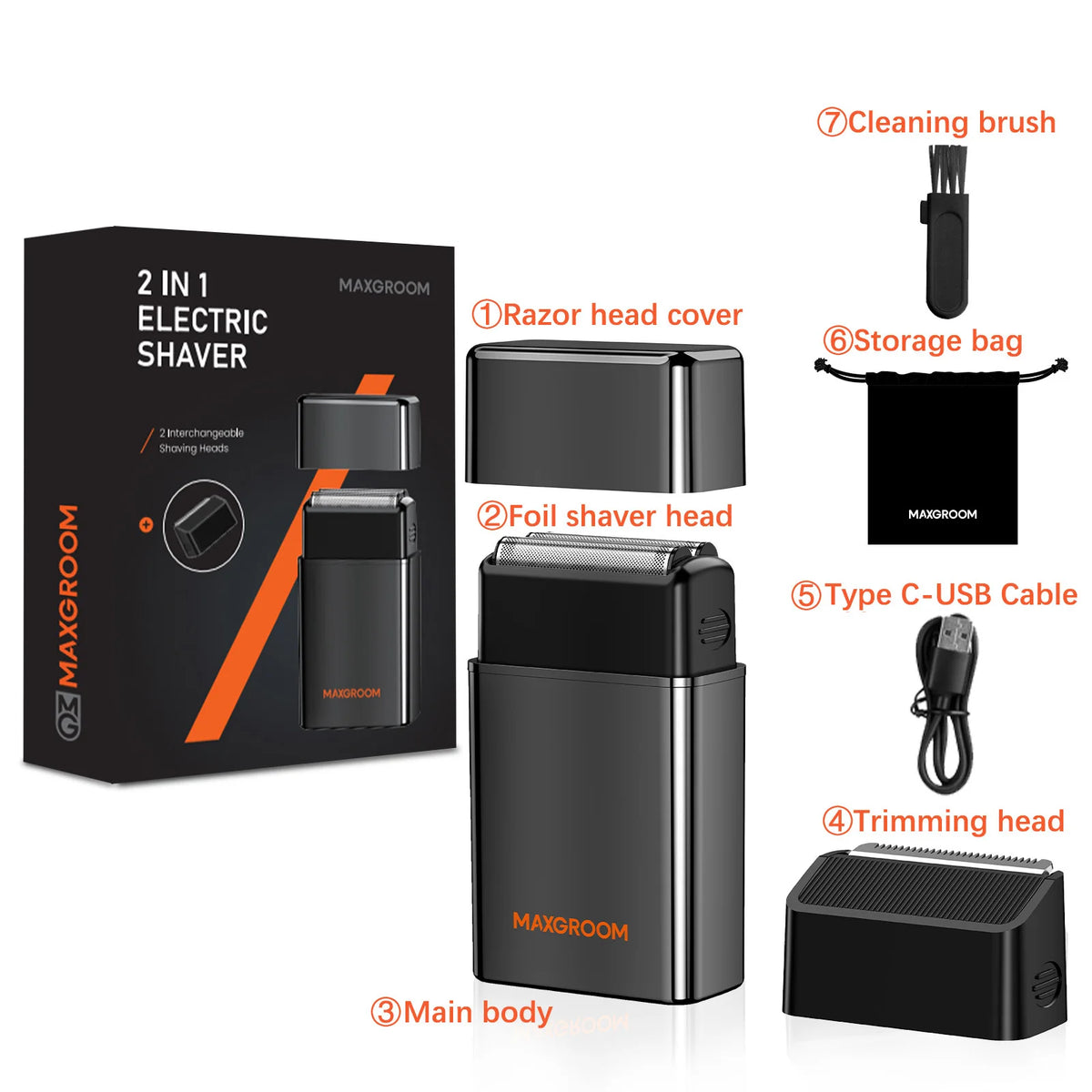 A set of MAXGROOM 2 in 1 electric shaver including the main body, foil head, trimming head, and cleaning brush.
