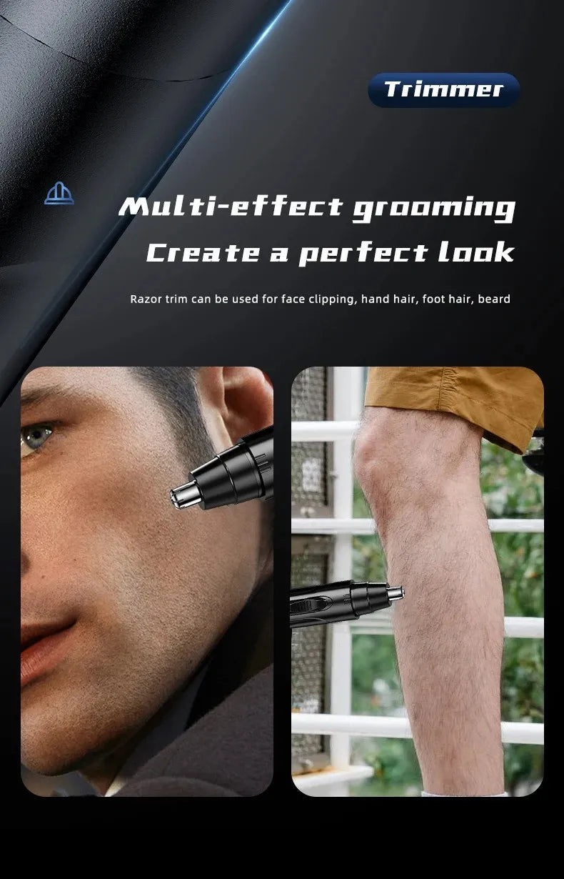 Close-up of a professional electric trimmer being used on a man's face and leg.