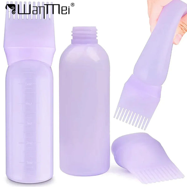 A purple bottle of hair color applicator contains a fine-tooth comb and a plastic applicator brush.
